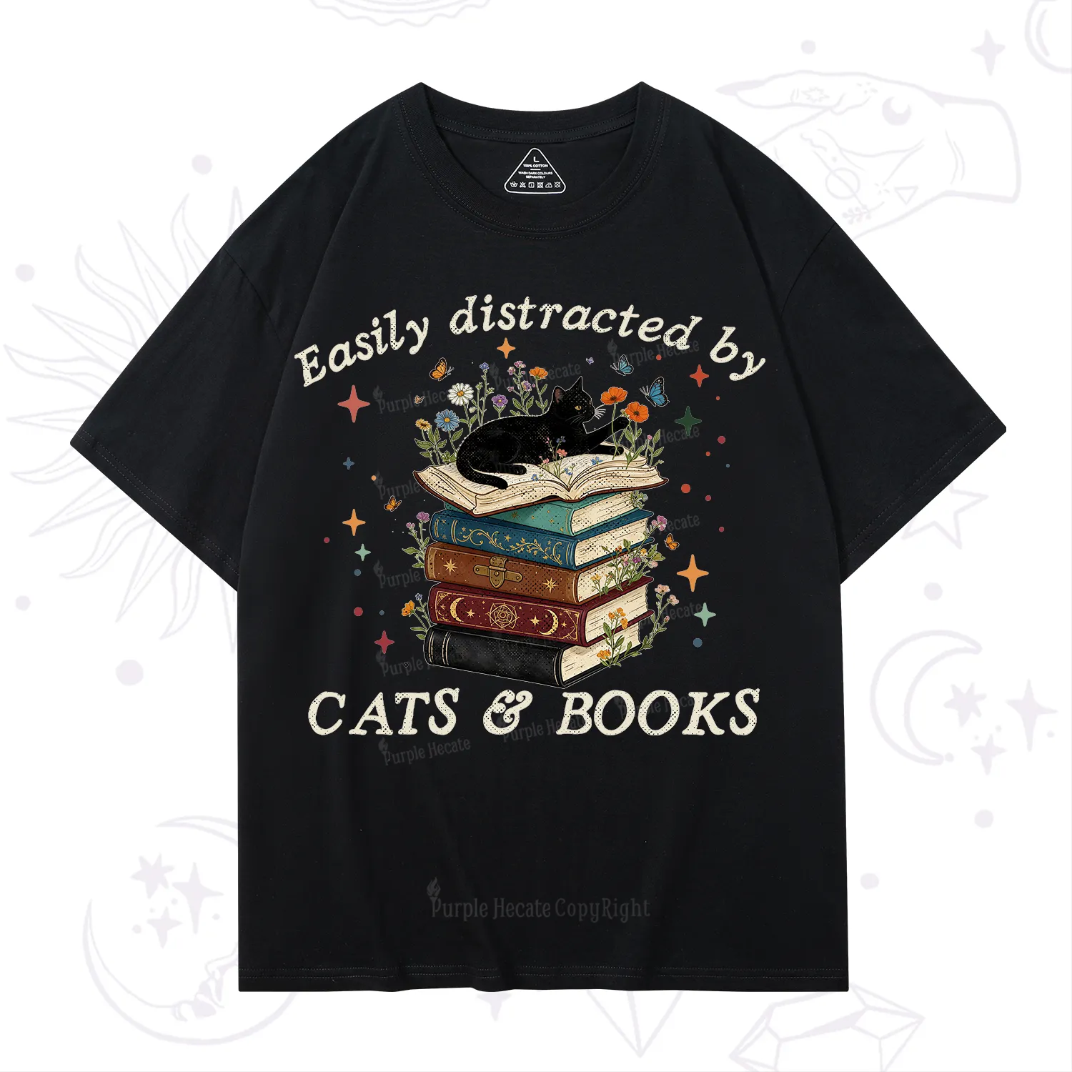 Purplehecate Easily Distracted By Cats And Books T-Shirt