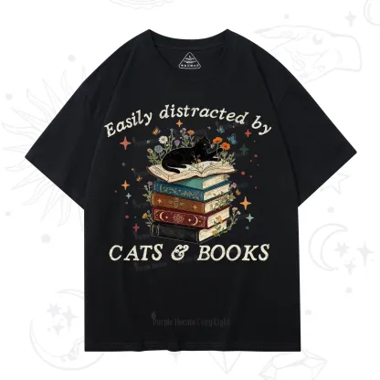 Purplehecate Easily Distracted By Cats And Books T-Shirt