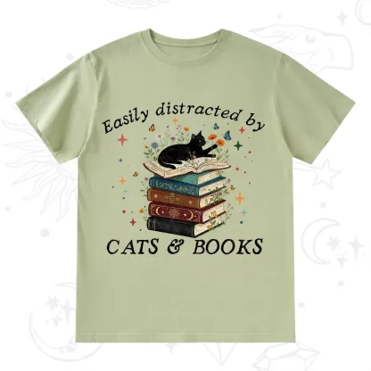 Purplehecate Easily Distracted By Cats And Books T-Shirt