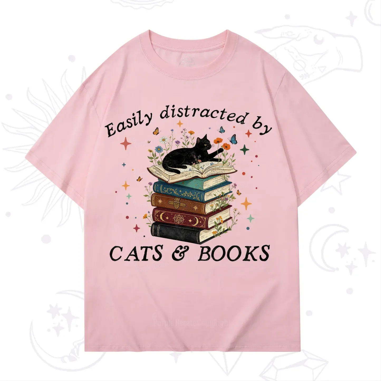 Purplehecate Easily Distracted By Cats And Books T-Shirt