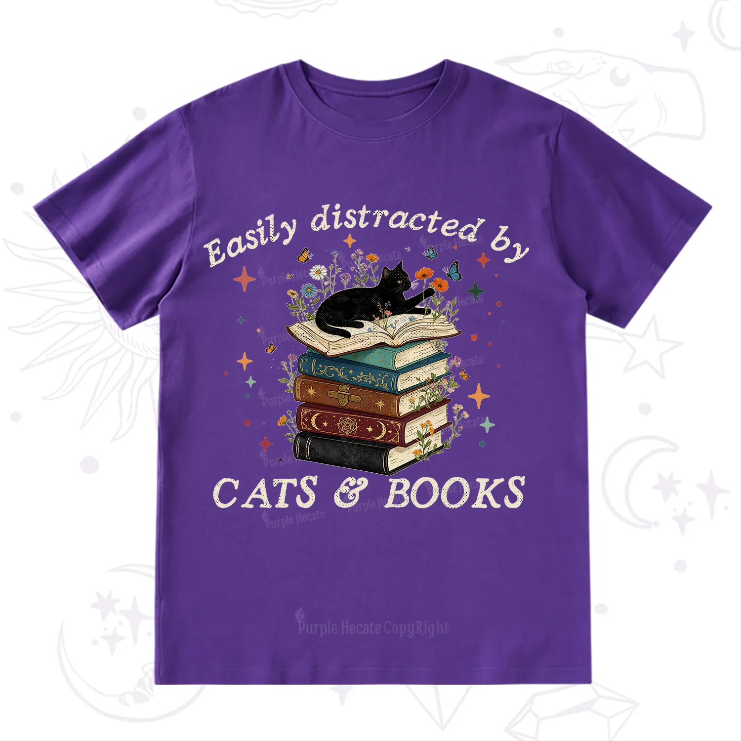 Purplehecate Easily Distracted By Cats And Books T-Shirt