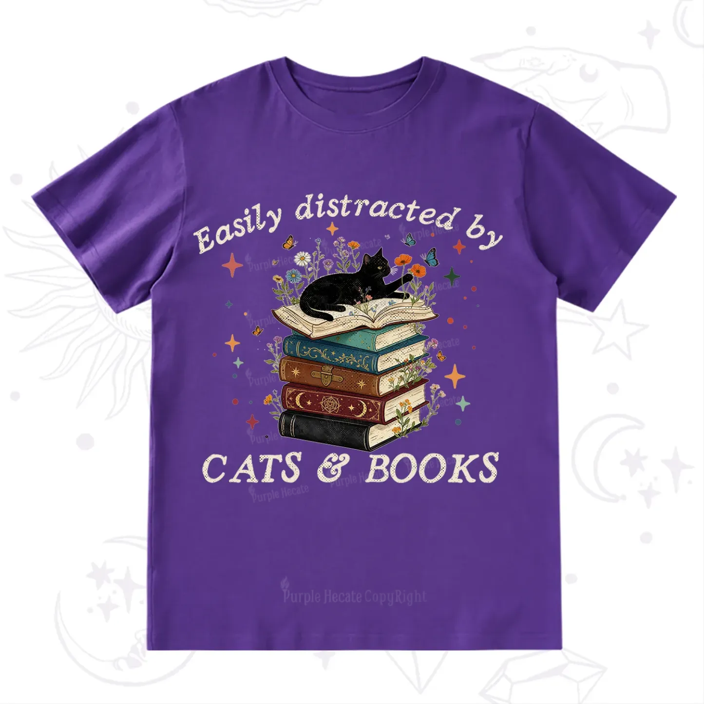 Purplehecate Easily Distracted By Cats And Books T-Shirt