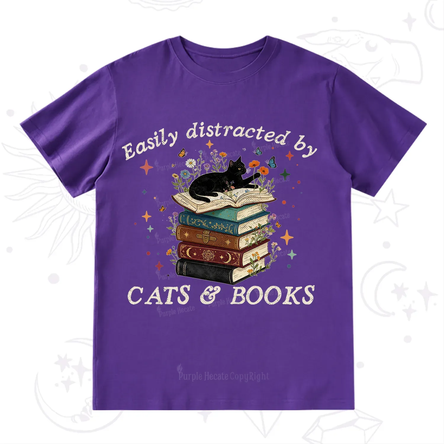 Purplehecate Easily Distracted By Cats And Books T-Shirt