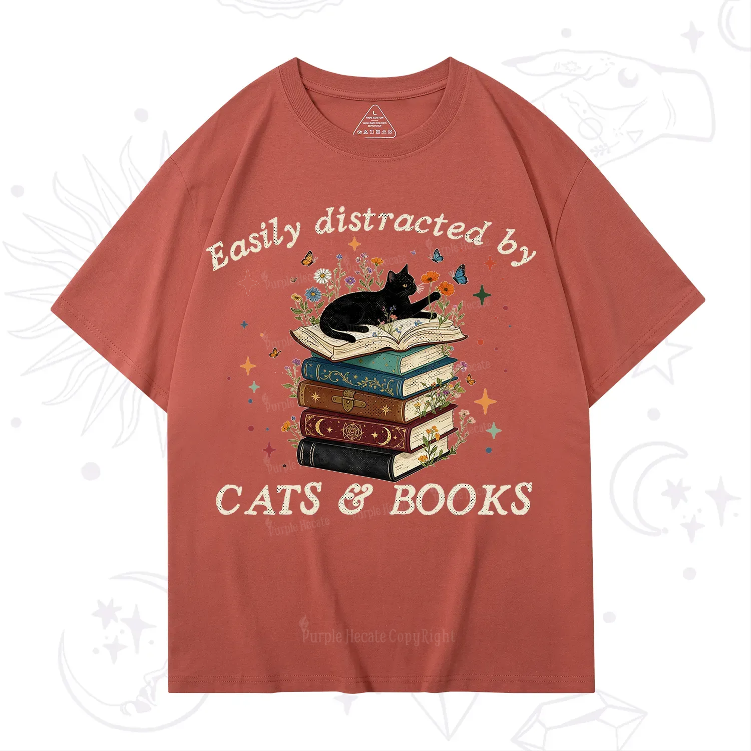 Purplehecate Easily Distracted By Cats And Books T-Shirt