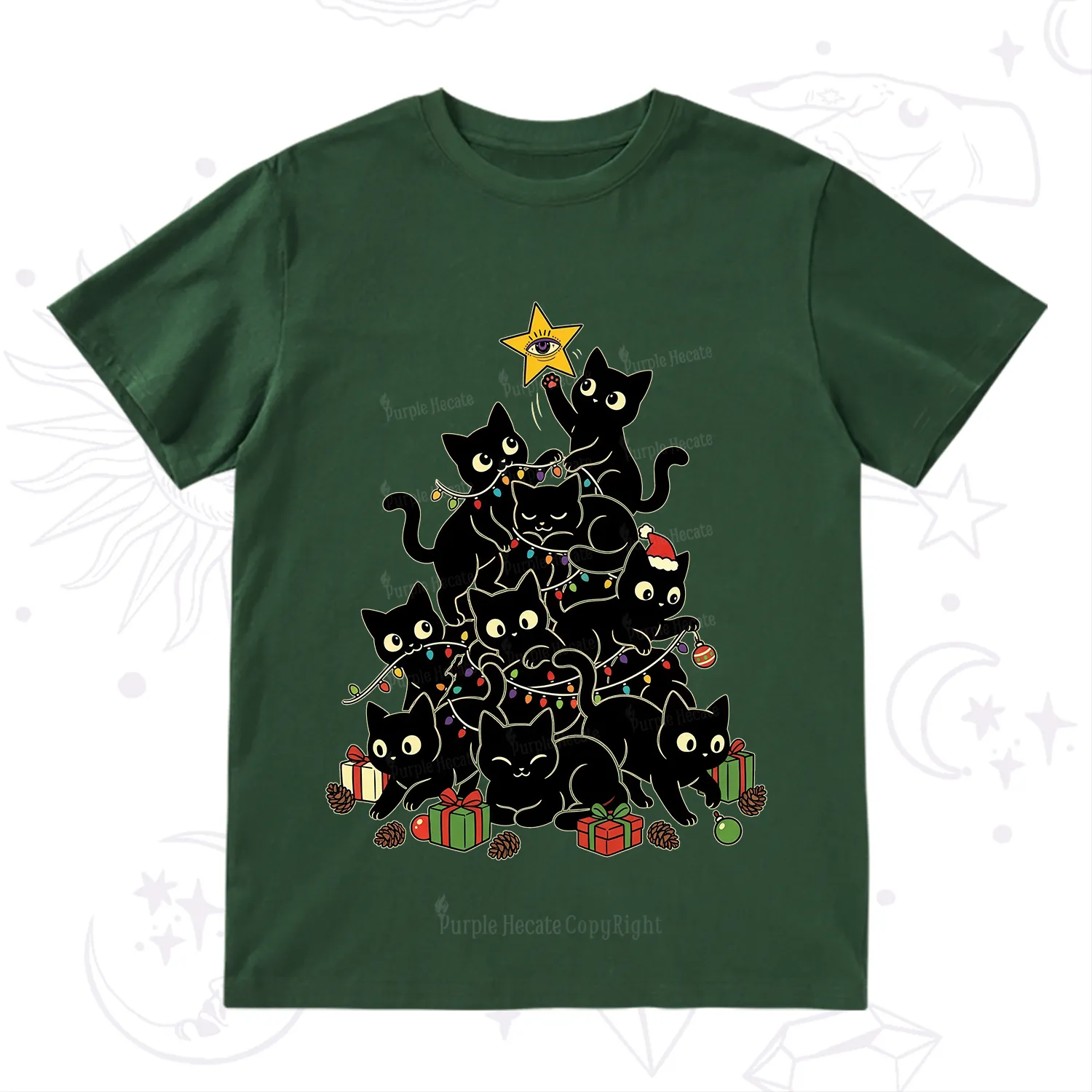 Purplehecate Black Cat Christmas Tree T-Shirt