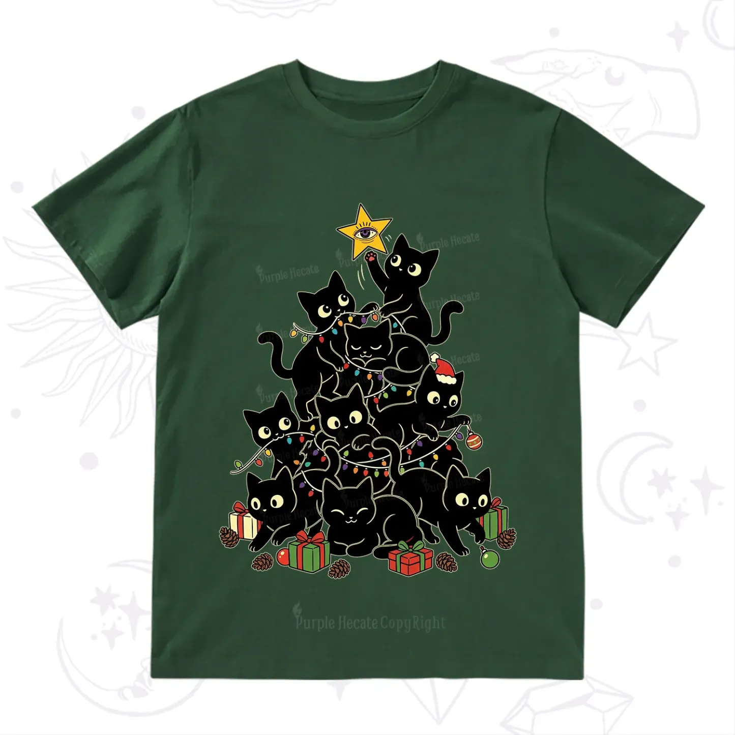 Purplehecate Black Cat Christmas Tree T-Shirt