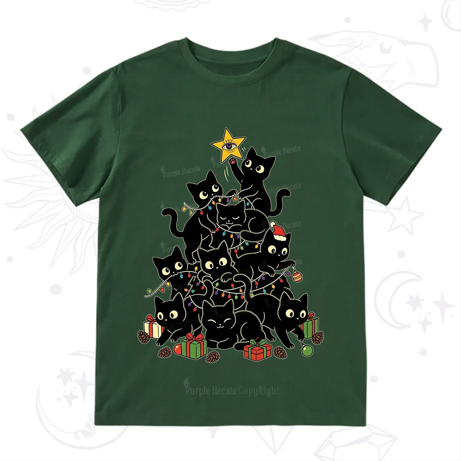 Purplehecate Black Cat Christmas Tree T-Shirt