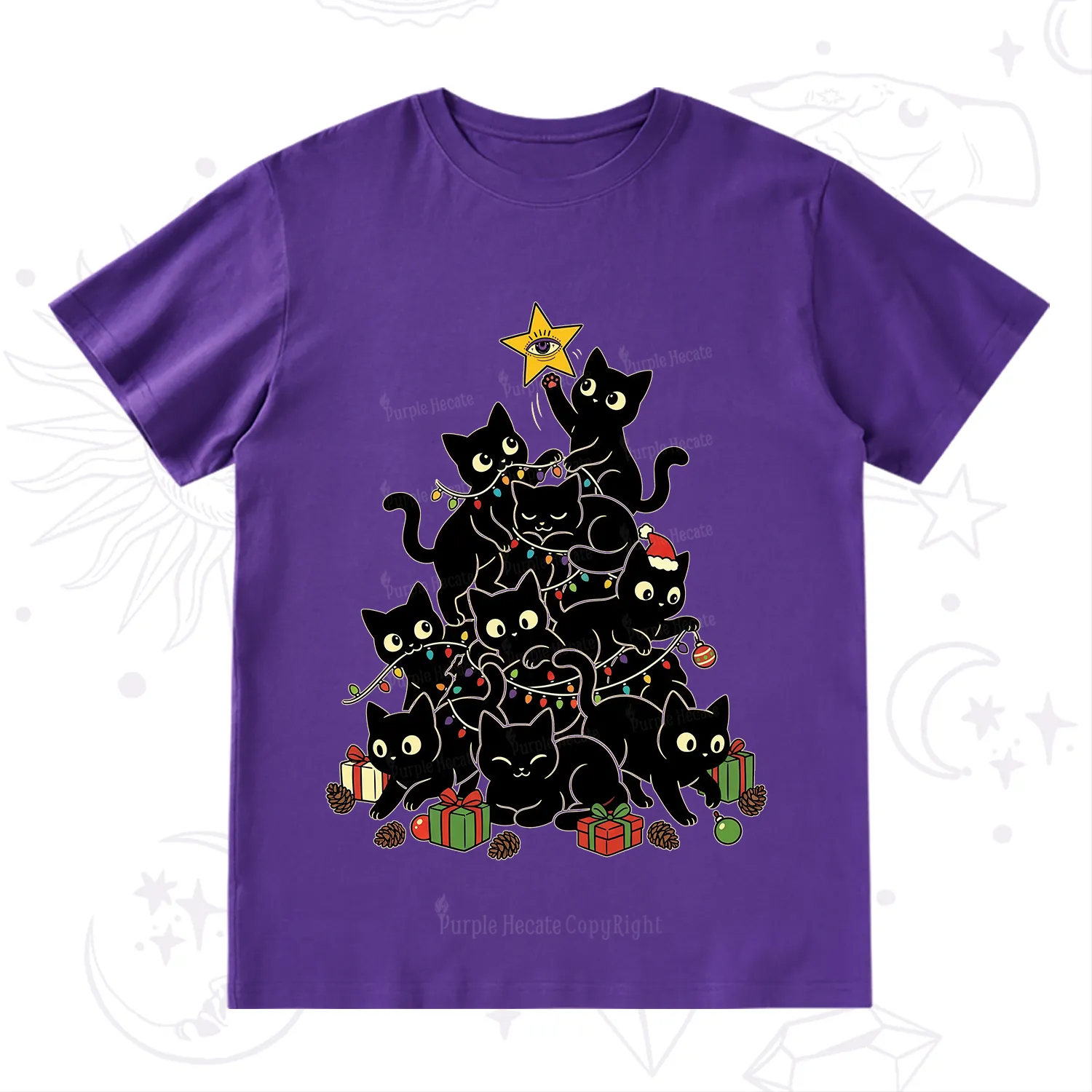 Purplehecate Black Cat Christmas Tree T-Shirt