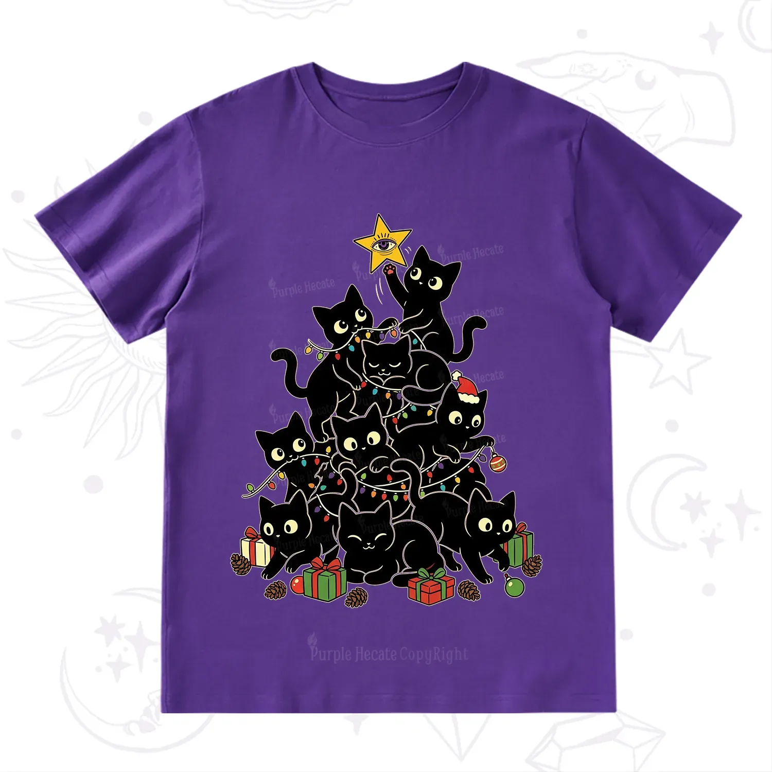Purplehecate Black Cat Christmas Tree T-Shirt