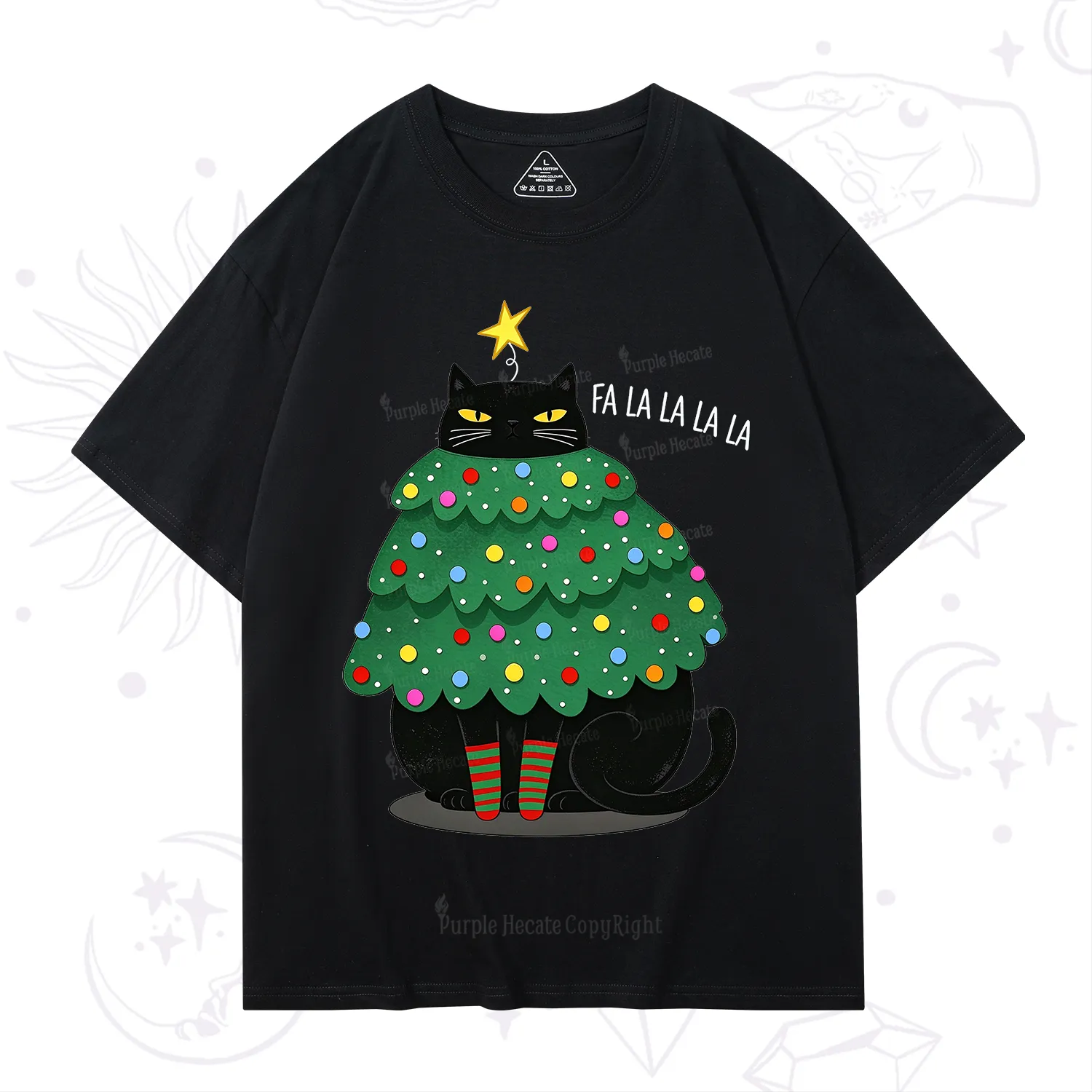 Purplehecate Chonky Black Cat Christmas Tree T-Shirt
