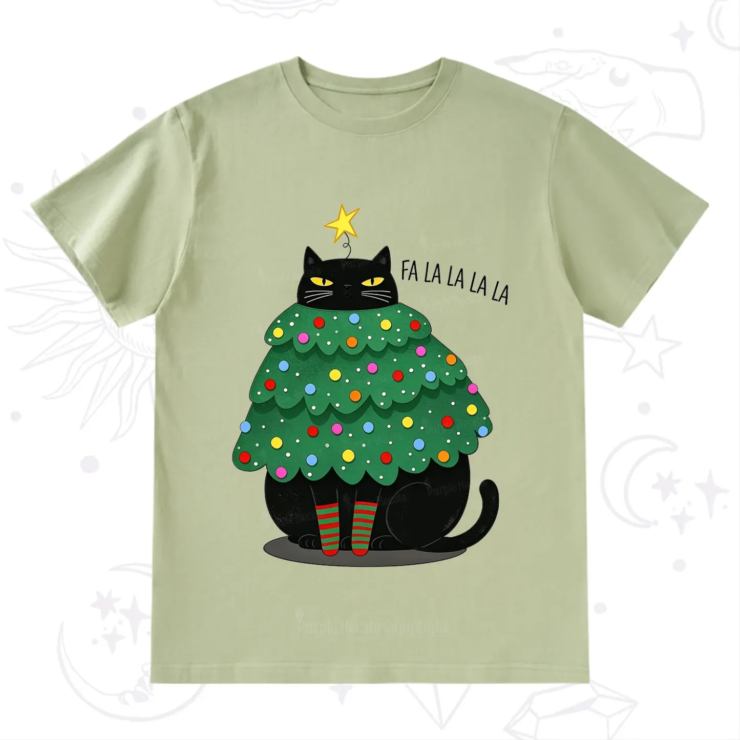 Purplehecate Chonky Black Cat Christmas Tree T-Shirt