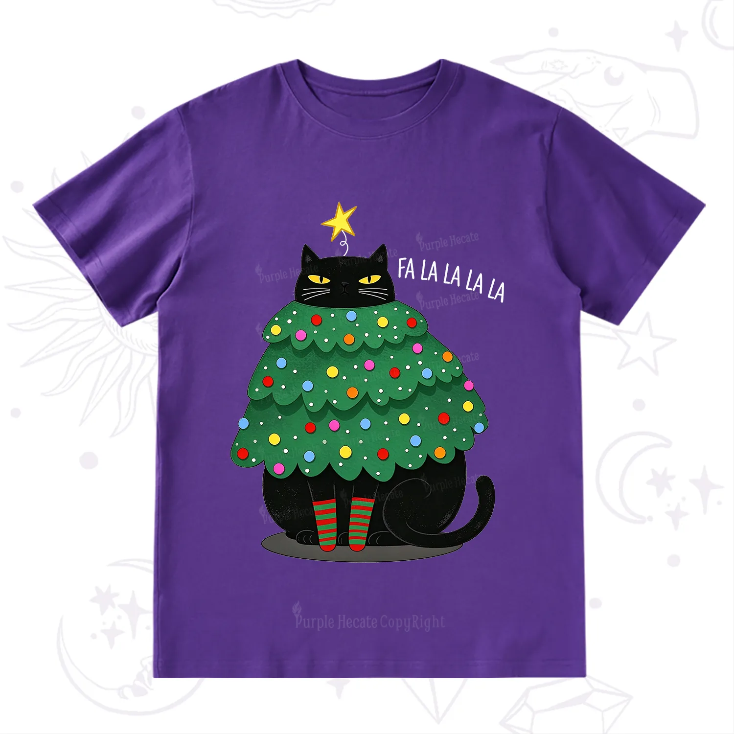 Purplehecate Chonky Black Cat Christmas Tree T-Shirt