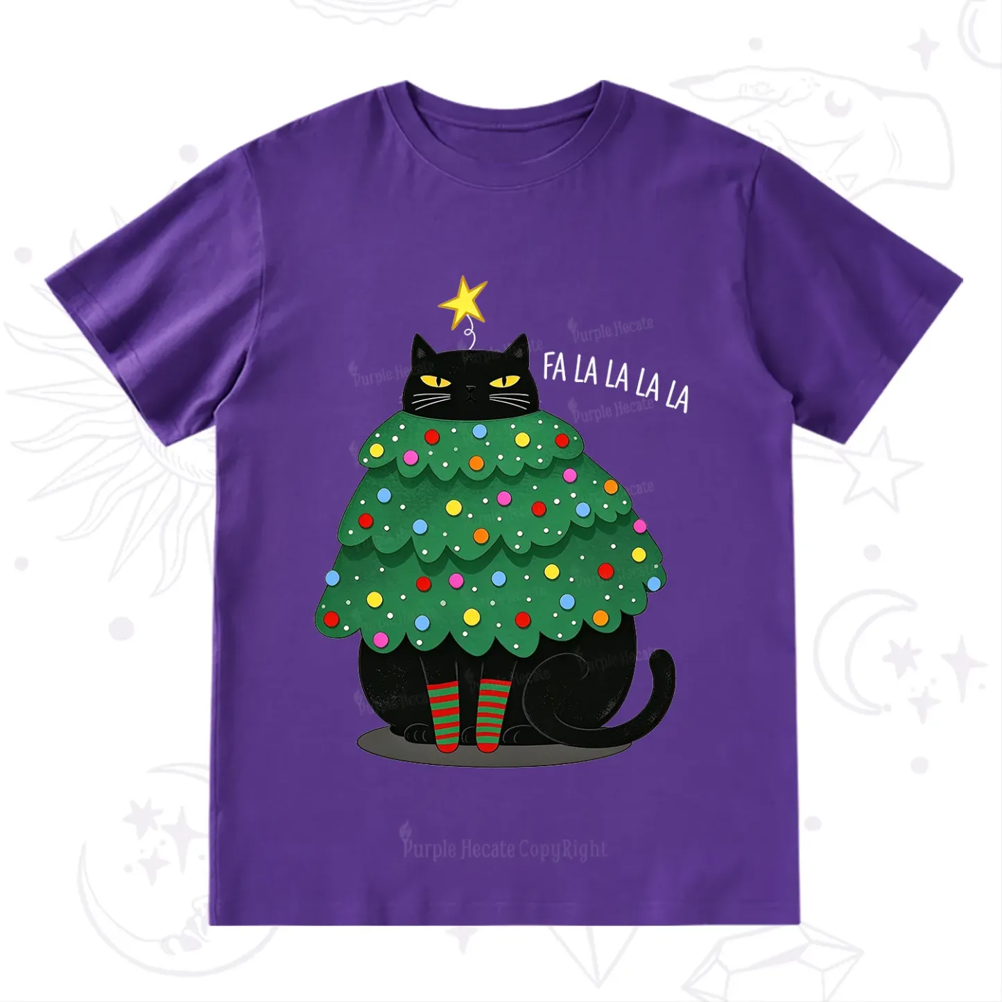 Purplehecate Chonky Black Cat Christmas Tree T-Shirt