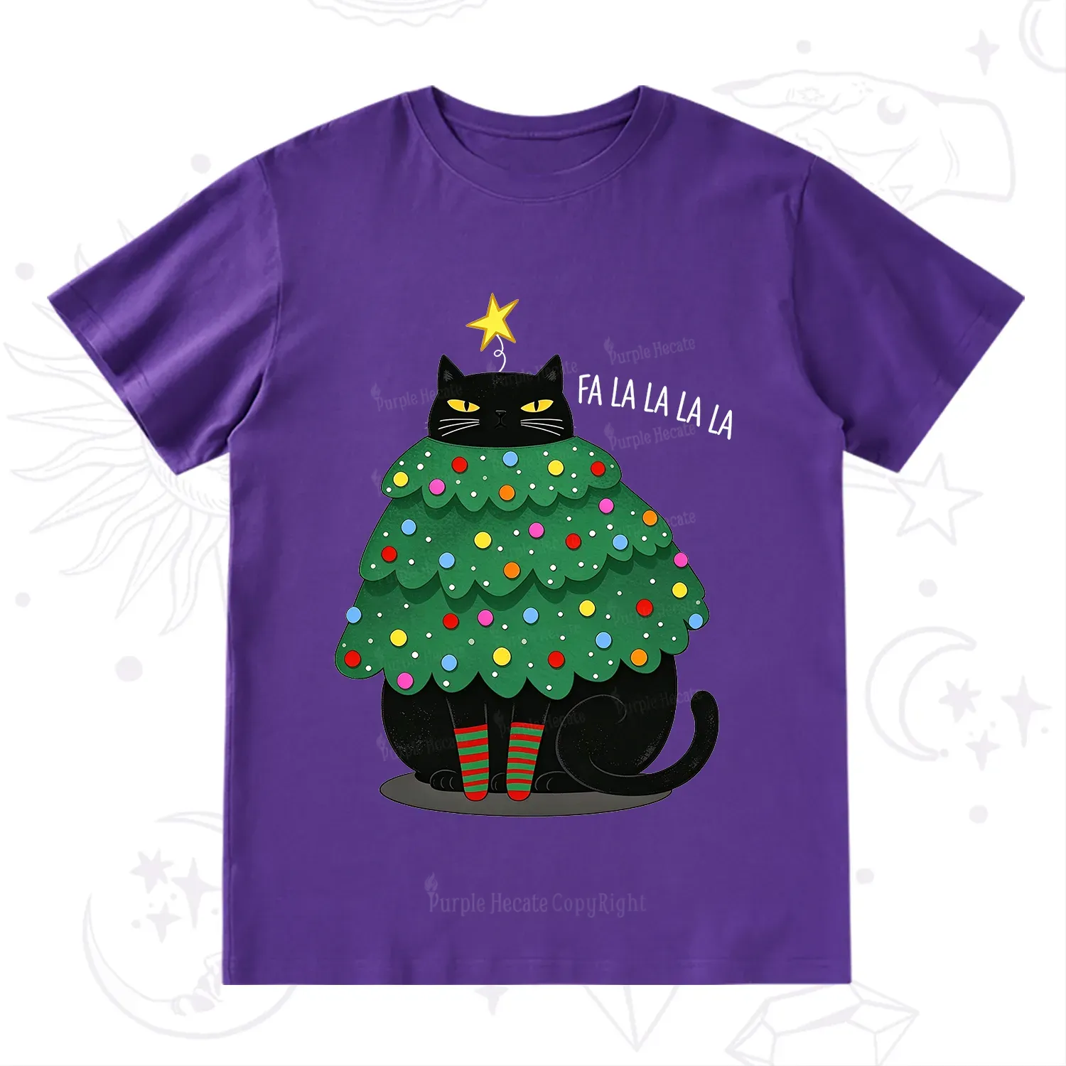 Purplehecate Chonky Black Cat Christmas Tree T-Shirt