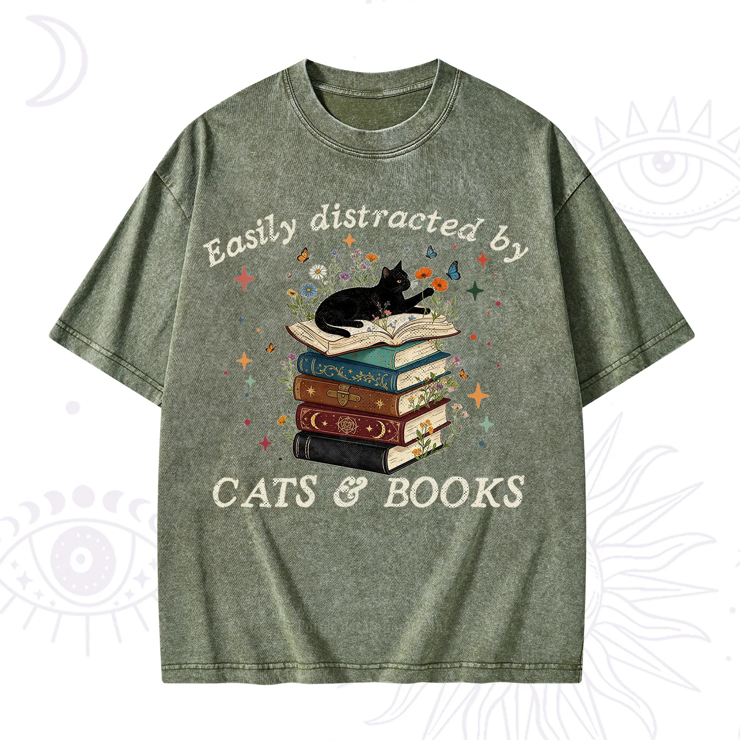 Purplehecate Easily Distracted By Cats And Books Washed T-Shirt