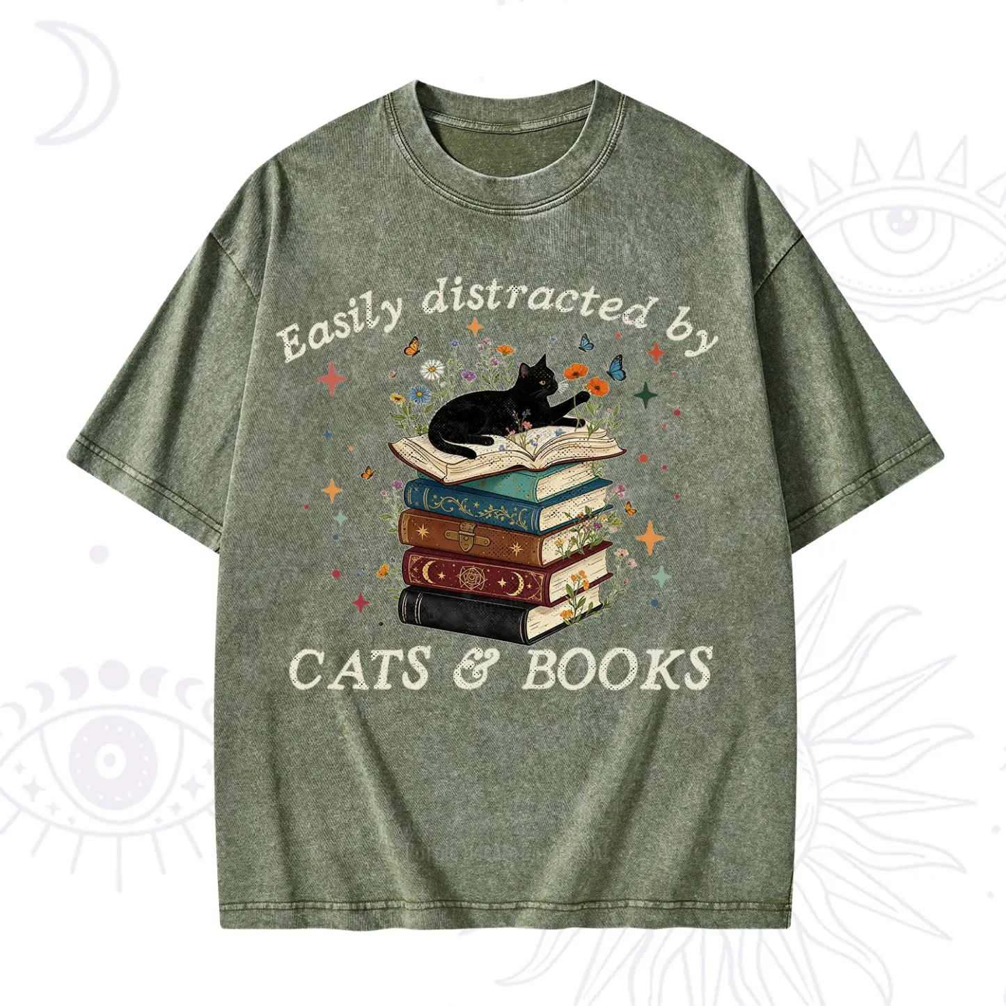 Purplehecate Easily Distracted By Cats And Books Washed T-Shirt