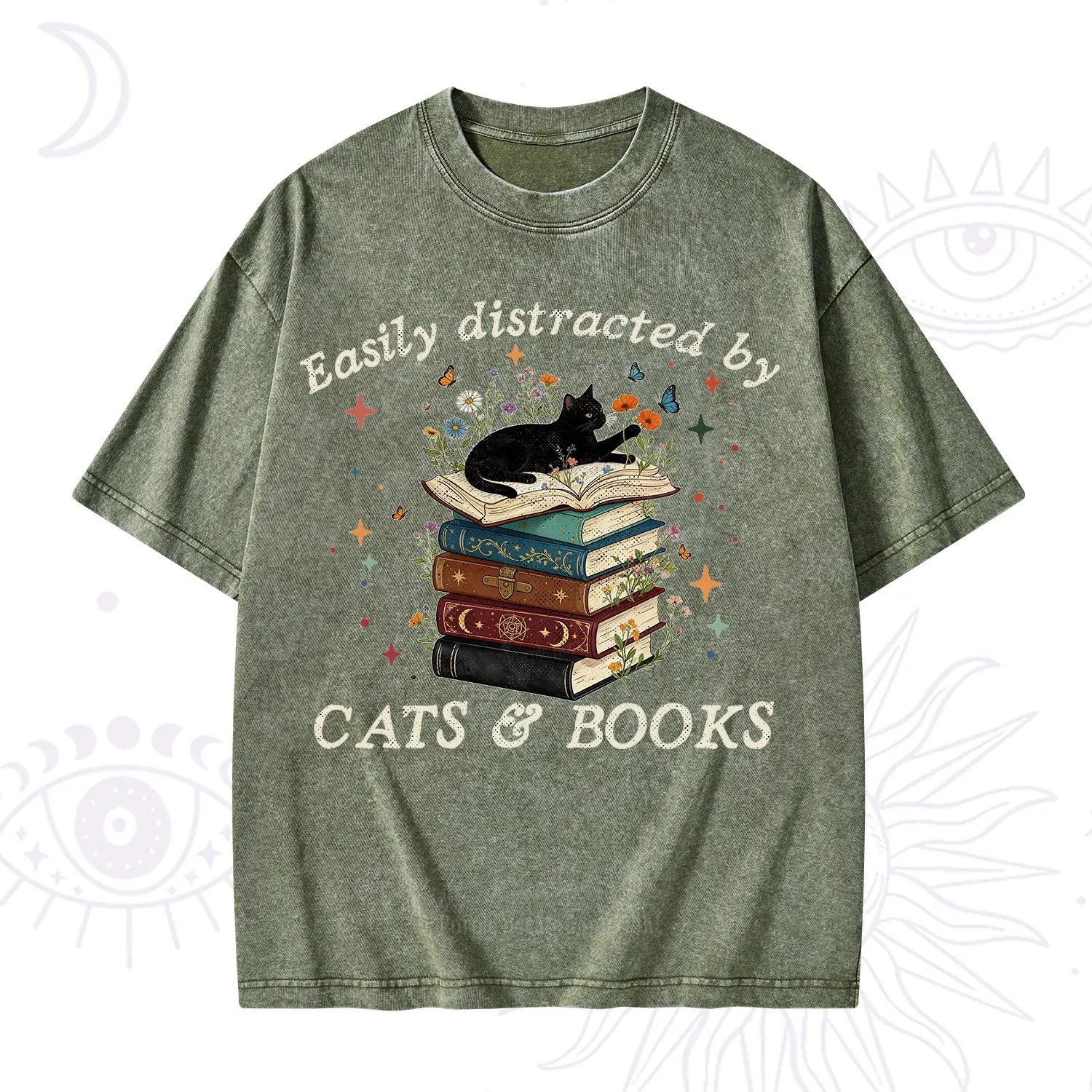 Purplehecate Easily Distracted By Cats And Books Washed T-Shirt
