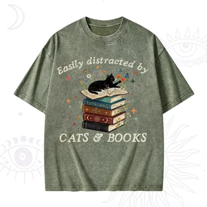 Purplehecate Easily Distracted By Cats And Books Washed T-Shirt