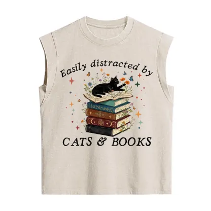 Purplehecate Easily Distracted By Cats And Books Vintage Washed Tank