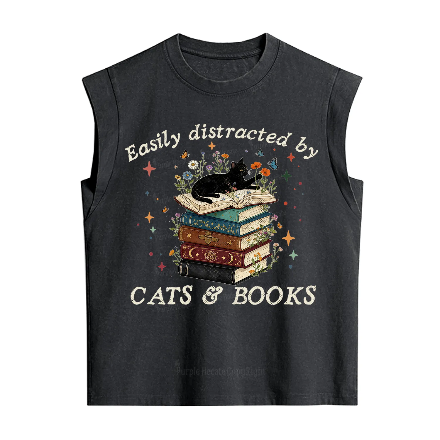 Purplehecate Easily Distracted By Cats And Books Vintage Washed Tank
