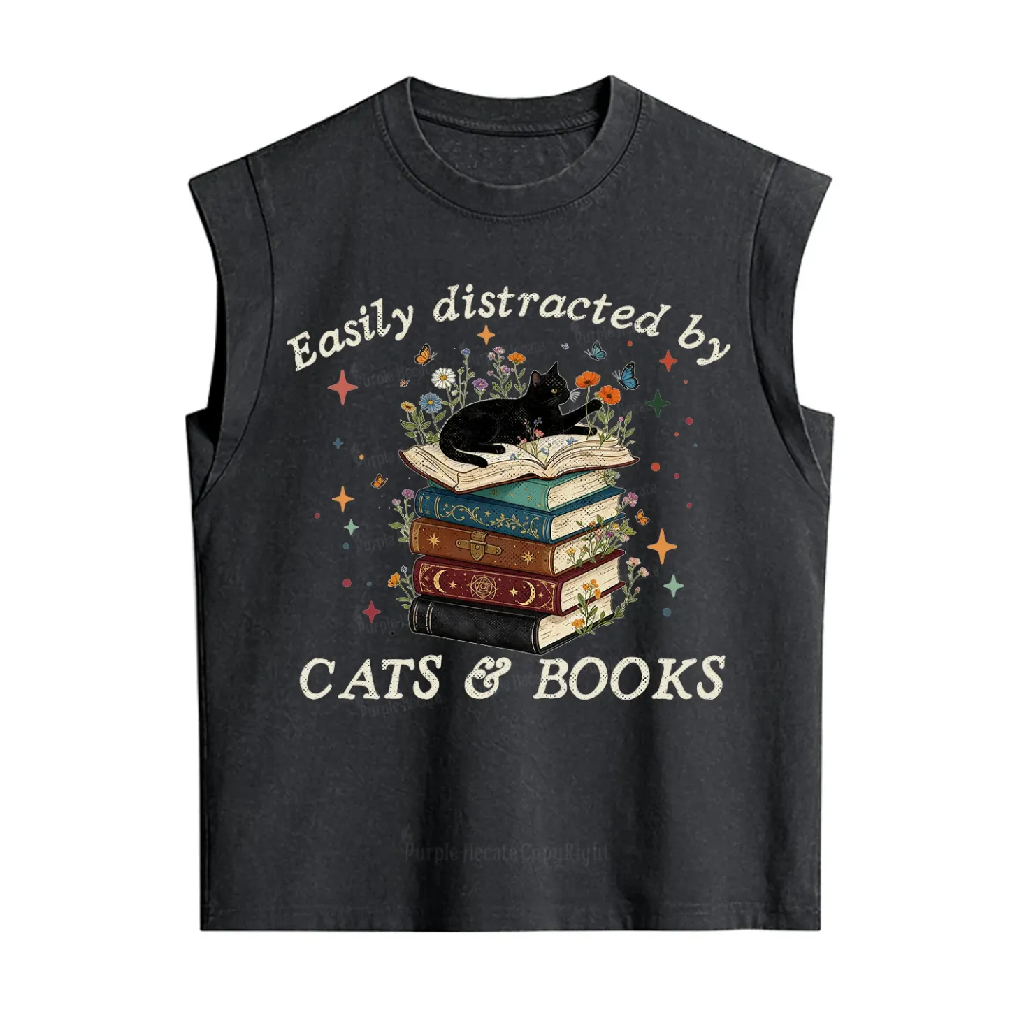 Purplehecate Easily Distracted By Cats And Books Vintage Washed Tank