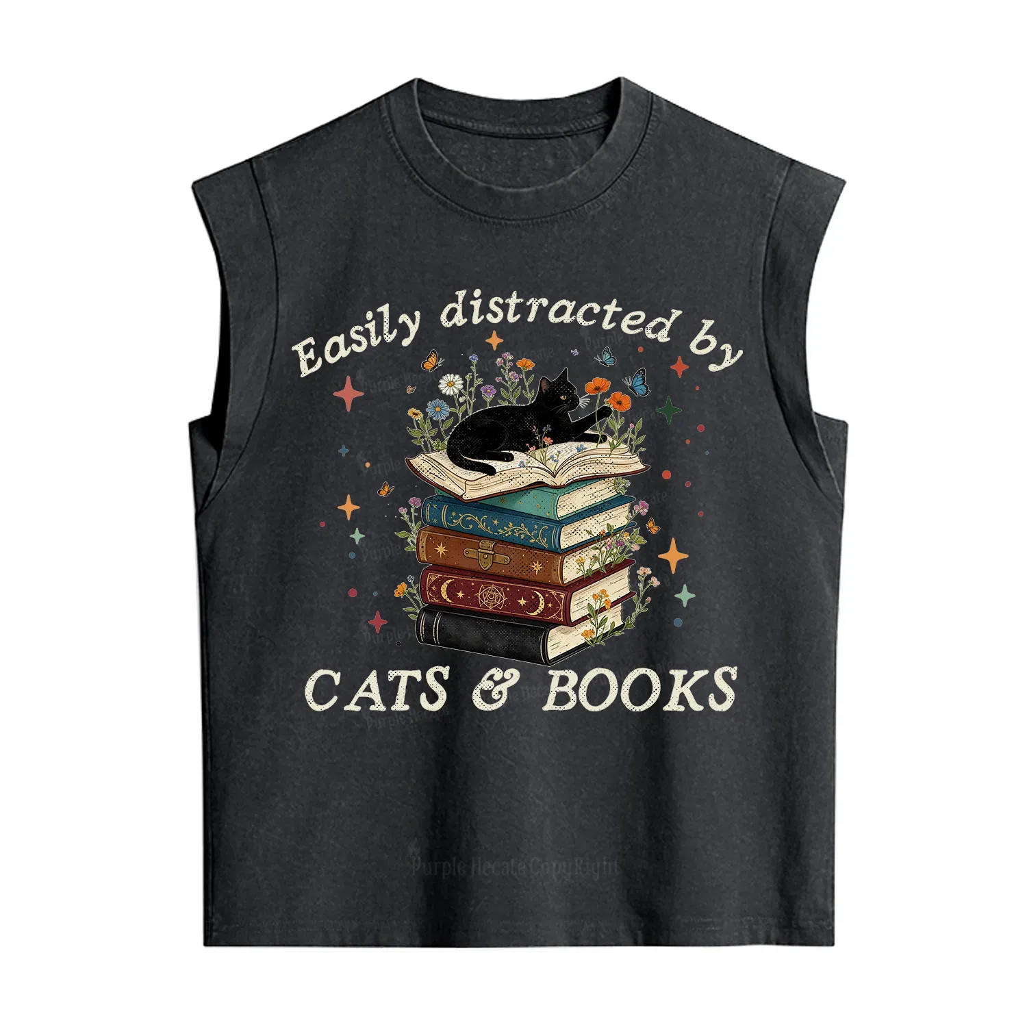 Purplehecate Easily Distracted By Cats And Books Vintage Washed Tank