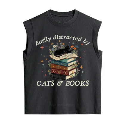 Purplehecate Easily Distracted By Cats And Books Vintage Washed Tank