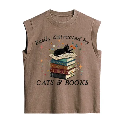 Purplehecate Easily Distracted By Cats And Books Vintage Washed Tank