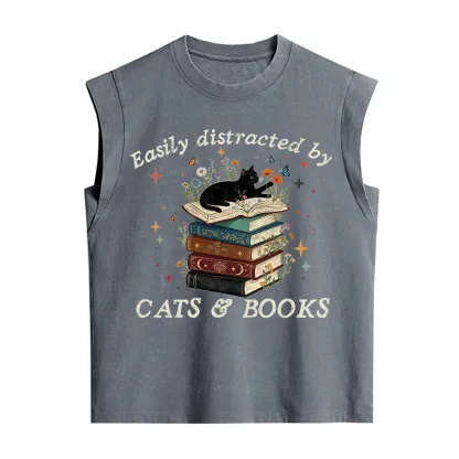 Purplehecate Easily Distracted By Cats And Books Vintage Washed Tank