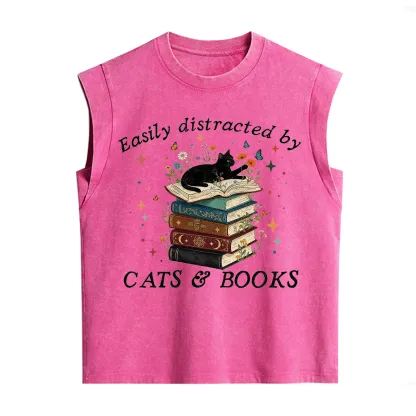 Purplehecate Easily Distracted By Cats And Books Vintage Washed Tank