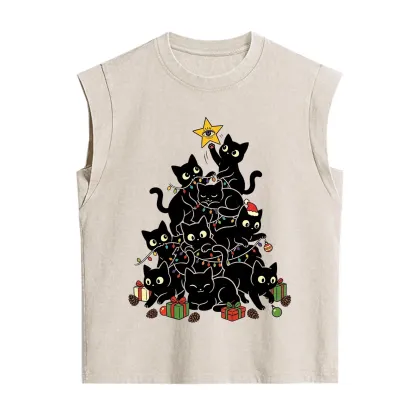 Purplehecate Black Cat Christmas Tree Vintage Washed Tank