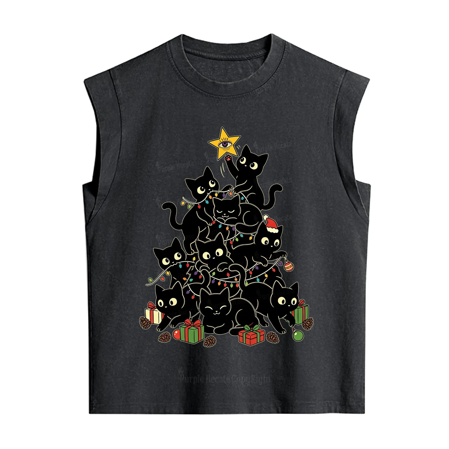 Purplehecate Black Cat Christmas Tree Vintage Washed Tank