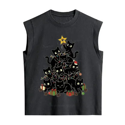 Purplehecate Black Cat Christmas Tree Vintage Washed Tank