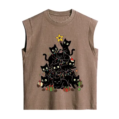 Purplehecate Black Cat Christmas Tree Vintage Washed Tank