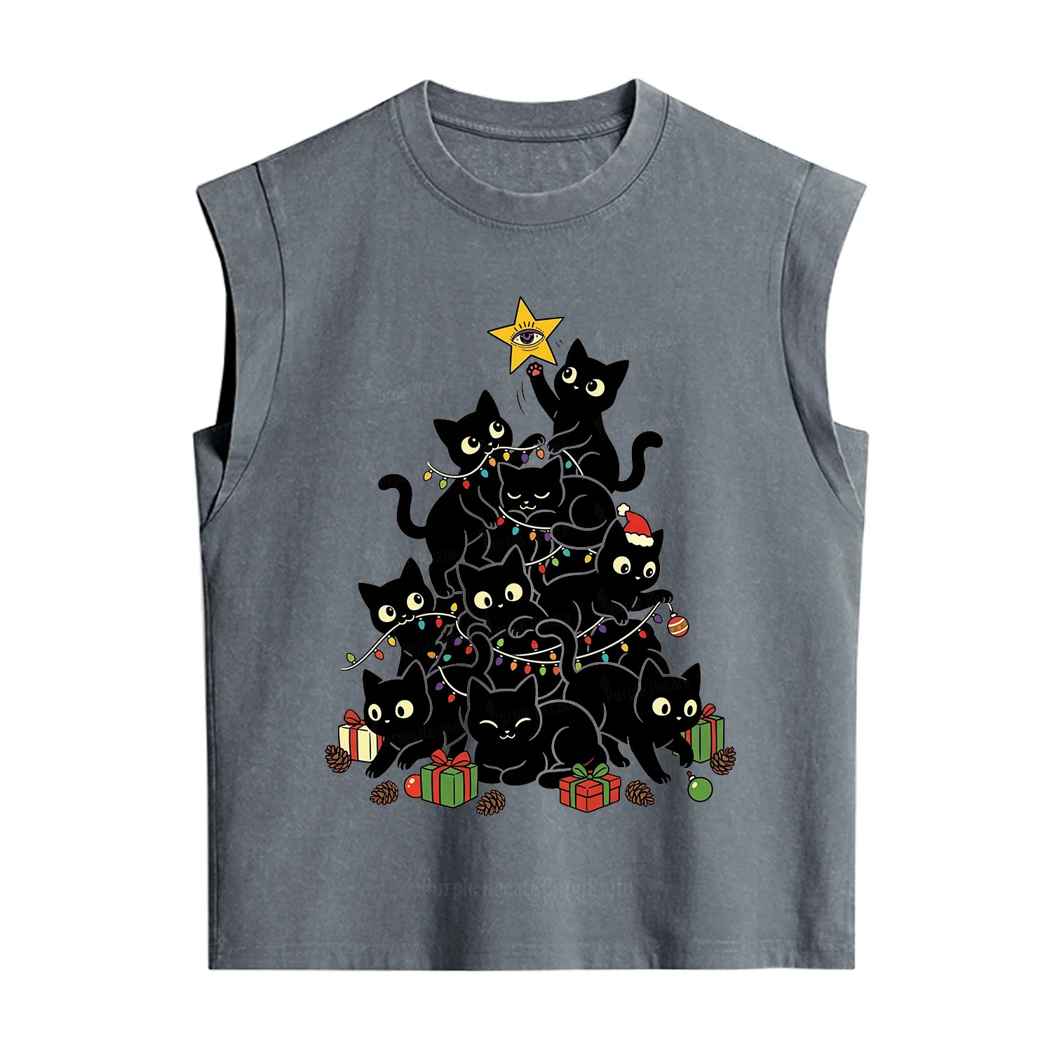 Purplehecate Black Cat Christmas Tree Vintage Washed Tank