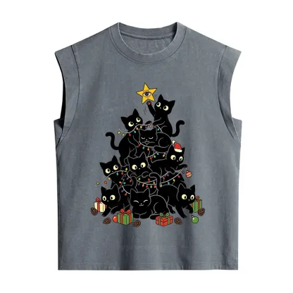 Purplehecate Black Cat Christmas Tree Vintage Washed Tank