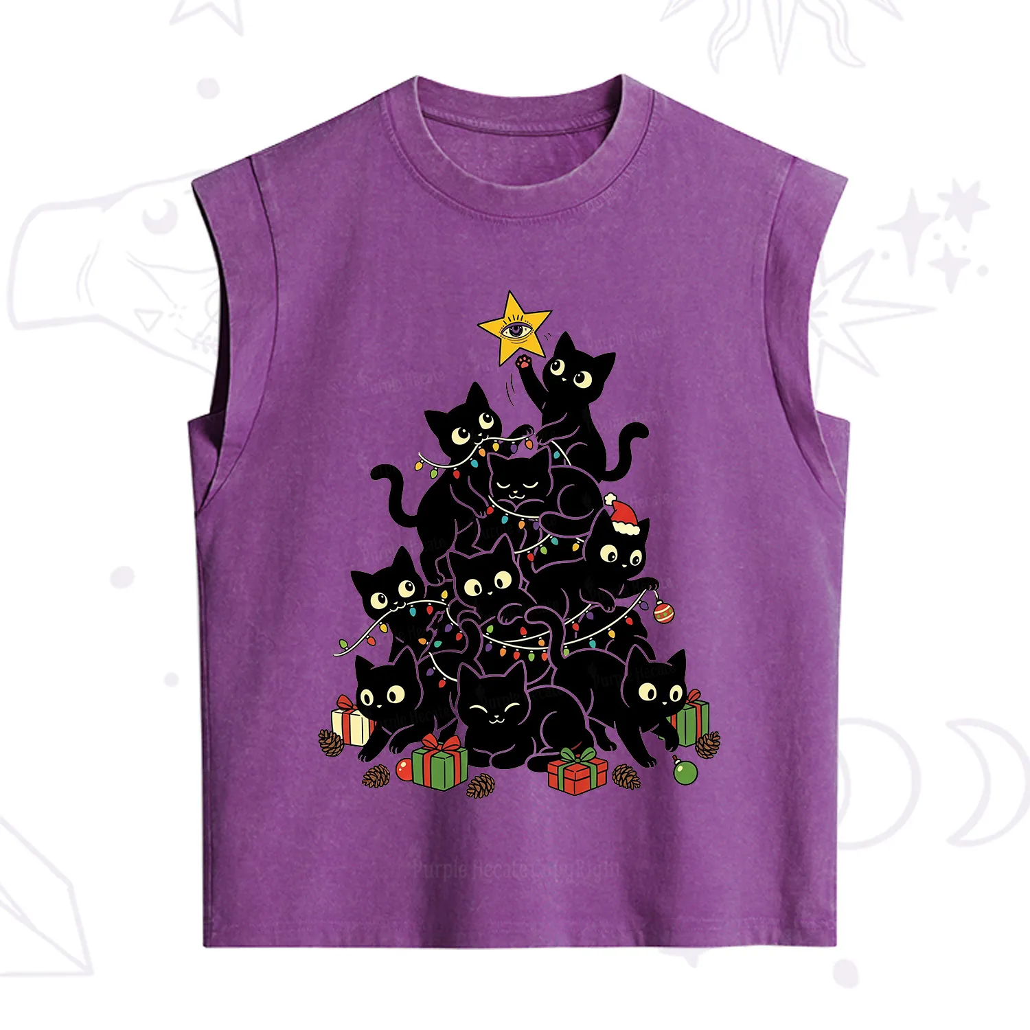 Purplehecate Black Cat Christmas Tree Vintage Washed Tank