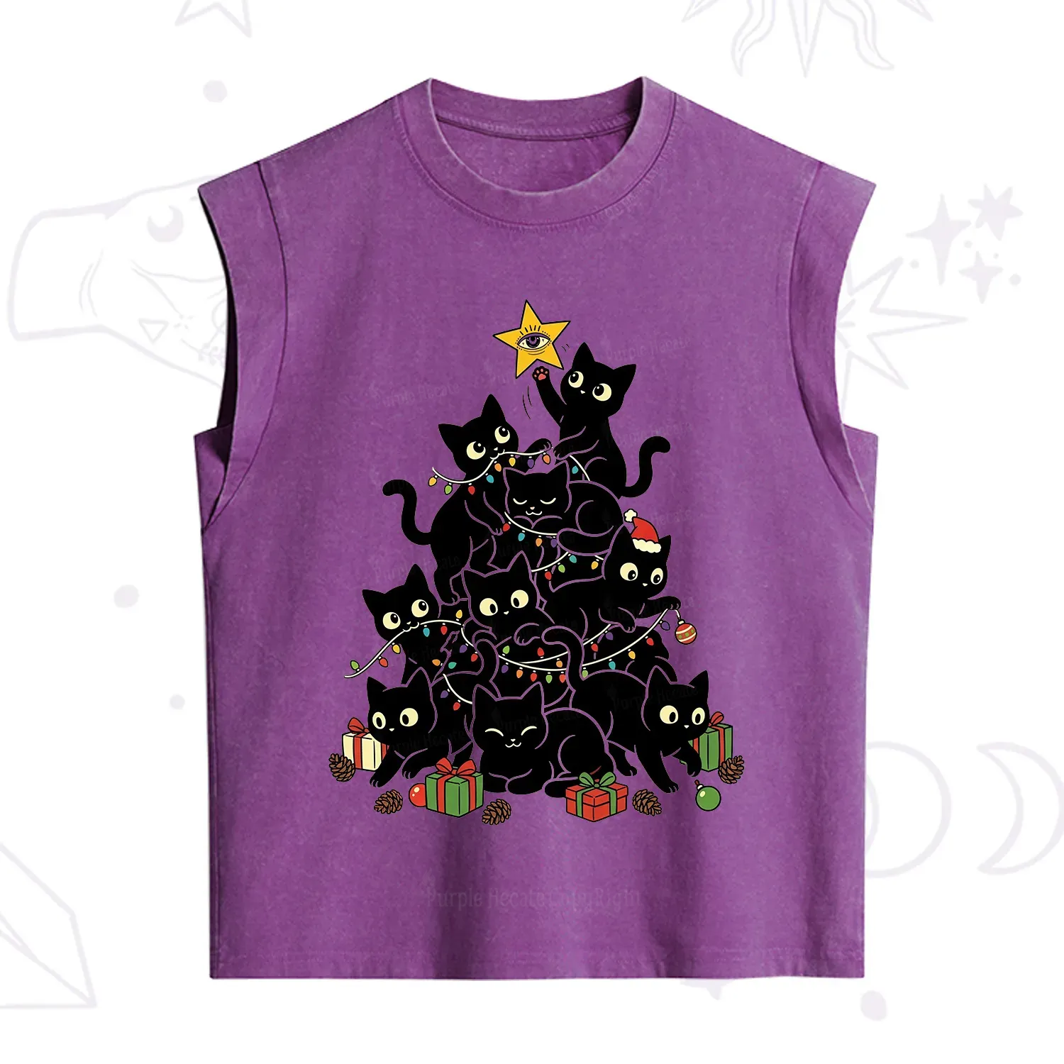 Purplehecate Black Cat Christmas Tree Vintage Washed Tank