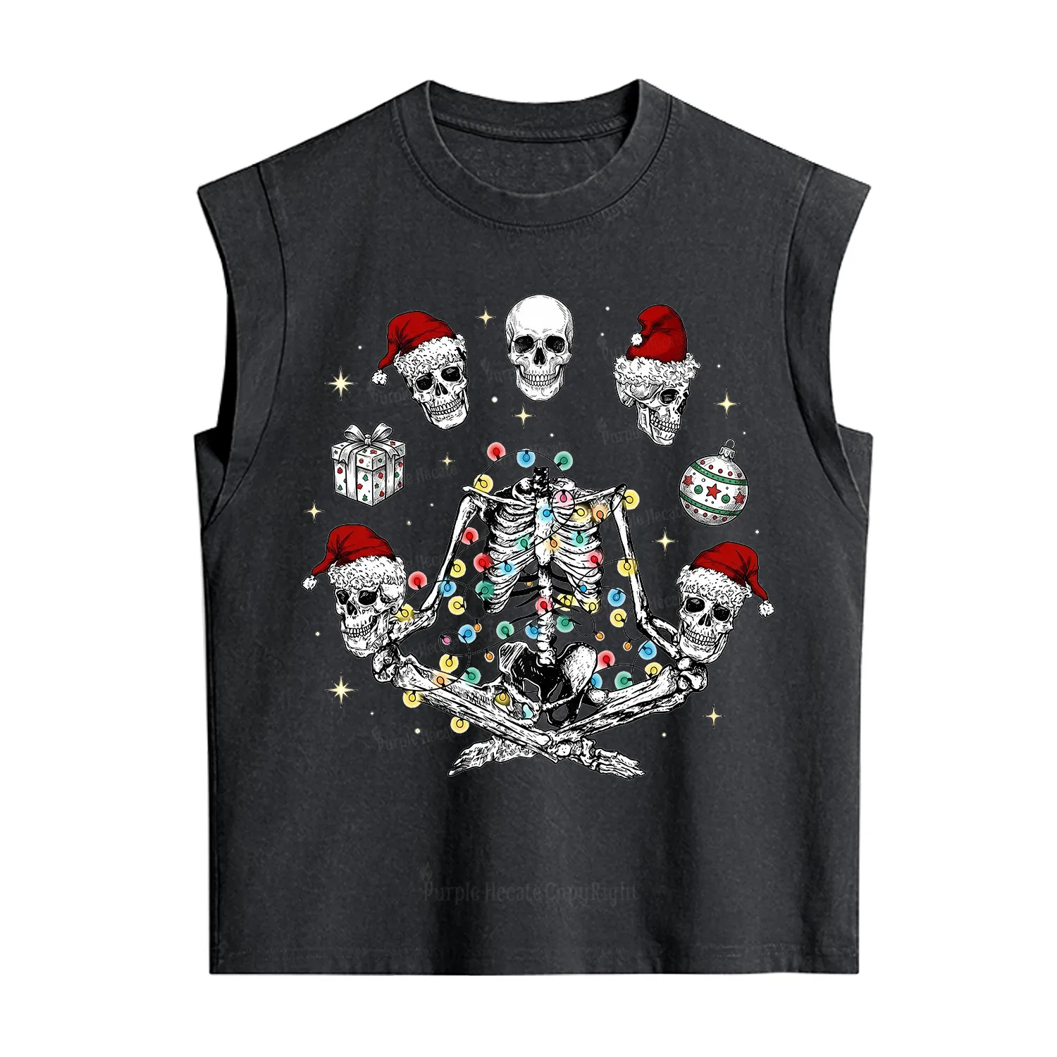 Purplehecate Skeleton Heads Christmas Vintage Washed Tank