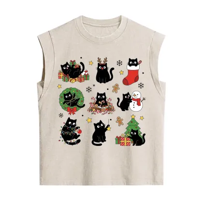 Purplehecate Christmas Black Cat Vintage Washed Tank