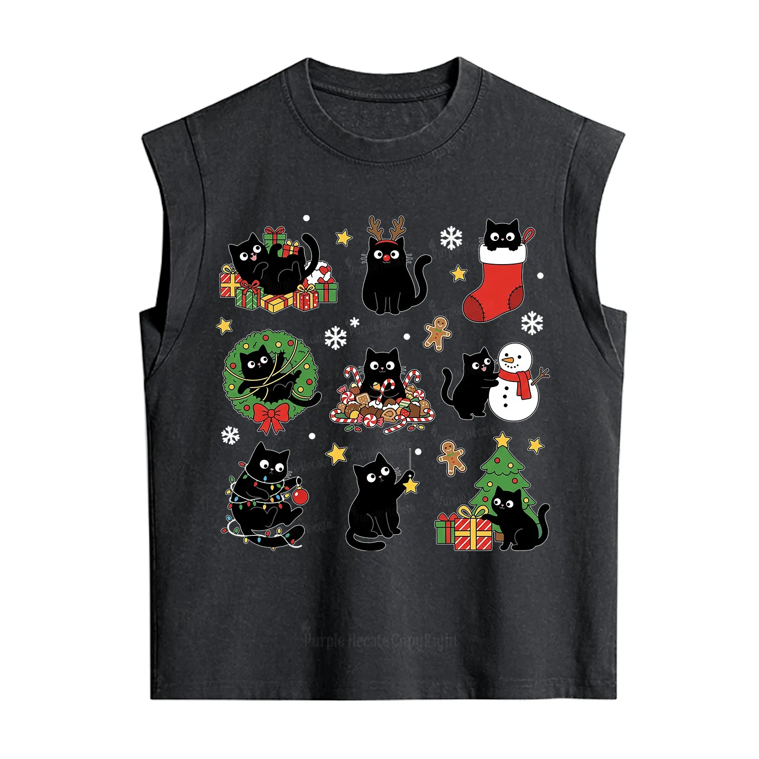 Purplehecate Christmas Black Cat Vintage Washed Tank