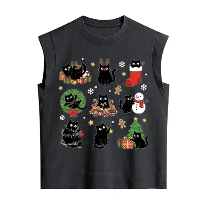 Purplehecate Christmas Black Cat Vintage Washed Tank