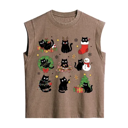 Purplehecate Christmas Black Cat Vintage Washed Tank