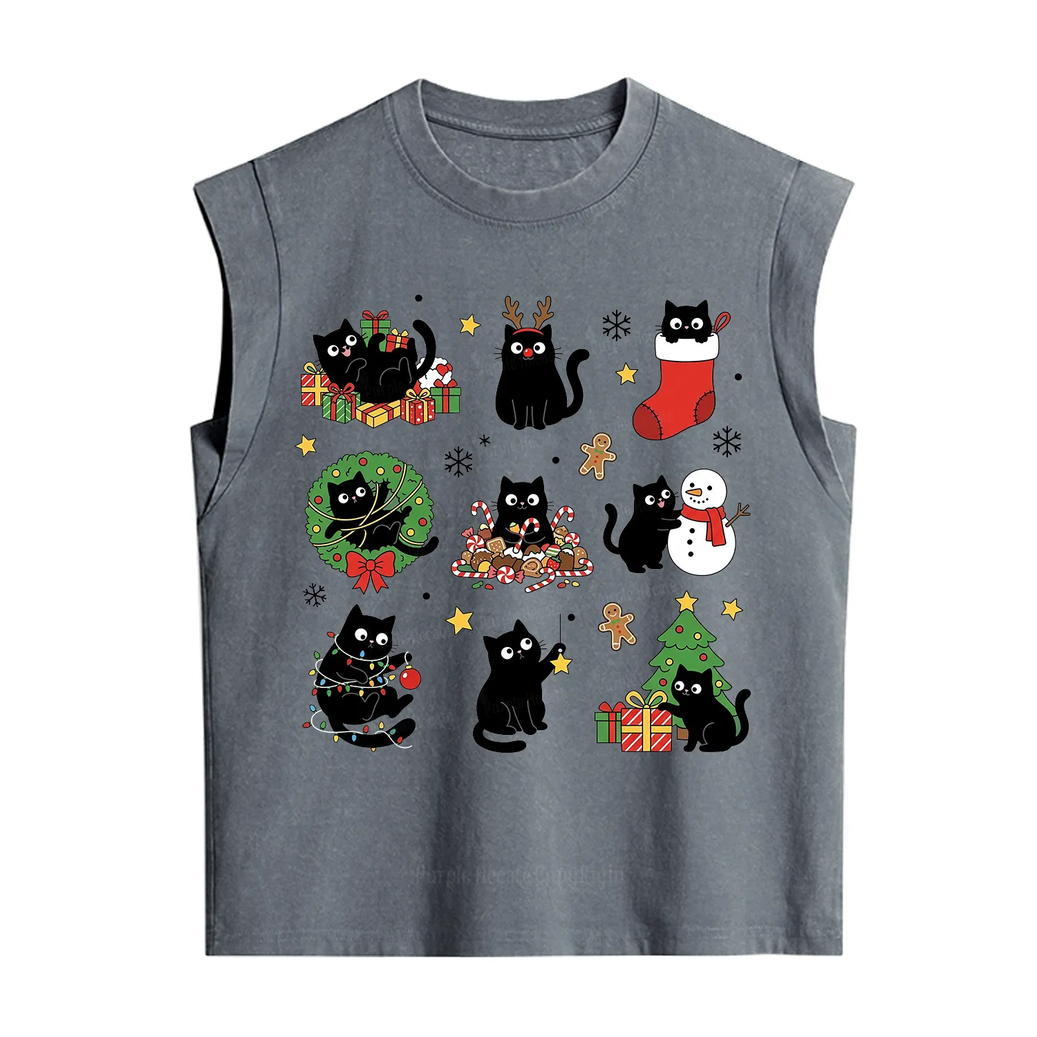 Purplehecate Christmas Black Cat Vintage Washed Tank