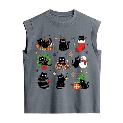 Purplehecate Christmas Black Cat Vintage Washed Tank