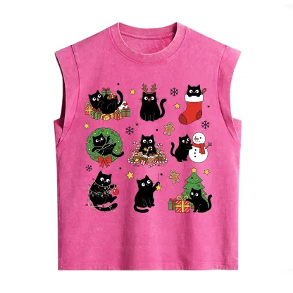Purplehecate Christmas Black Cat Vintage Washed Tank