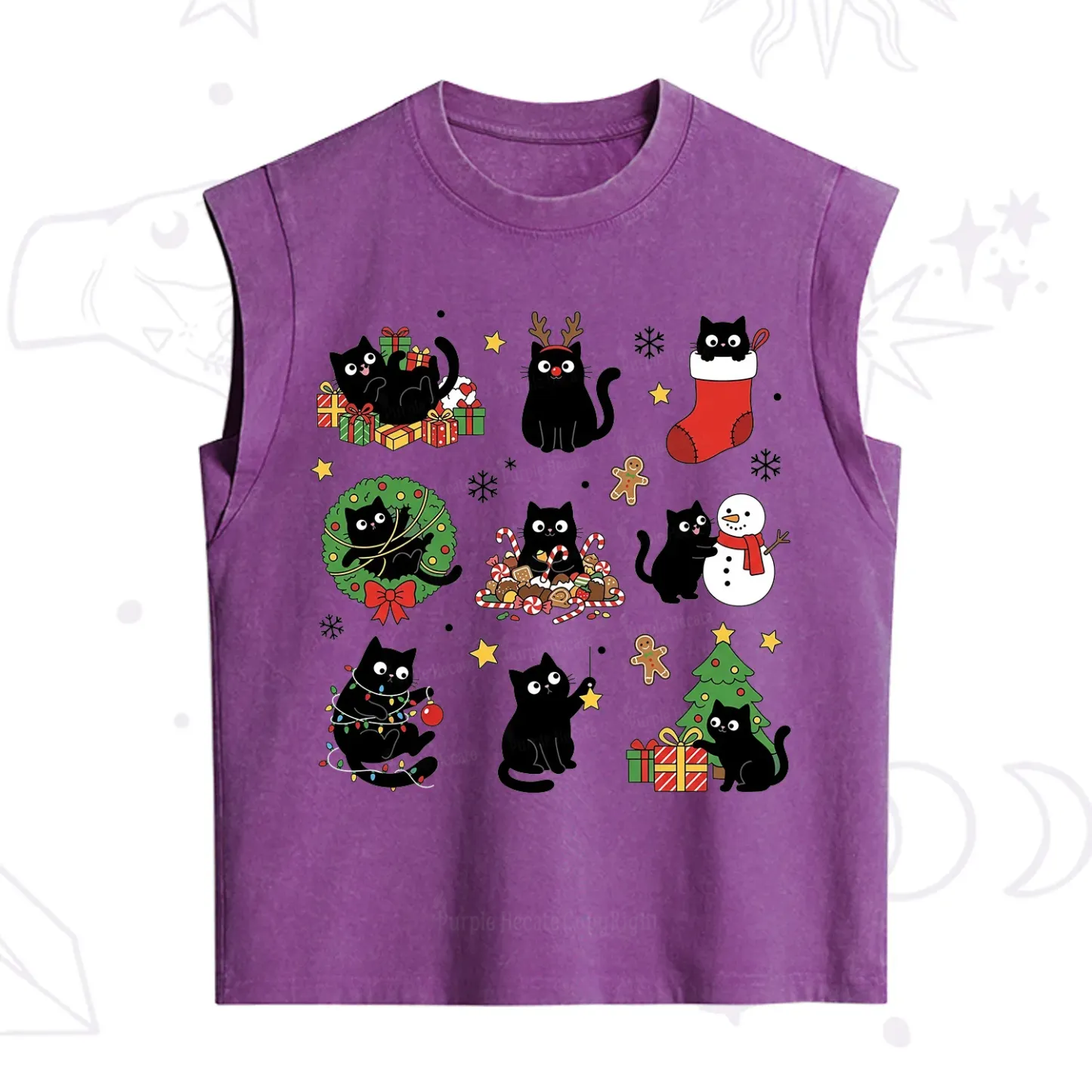 Purplehecate Christmas Black Cat Vintage Washed Tank