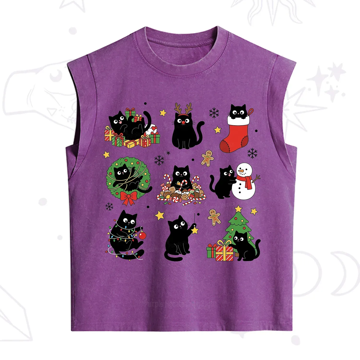 Purplehecate Christmas Black Cat Vintage Washed Tank