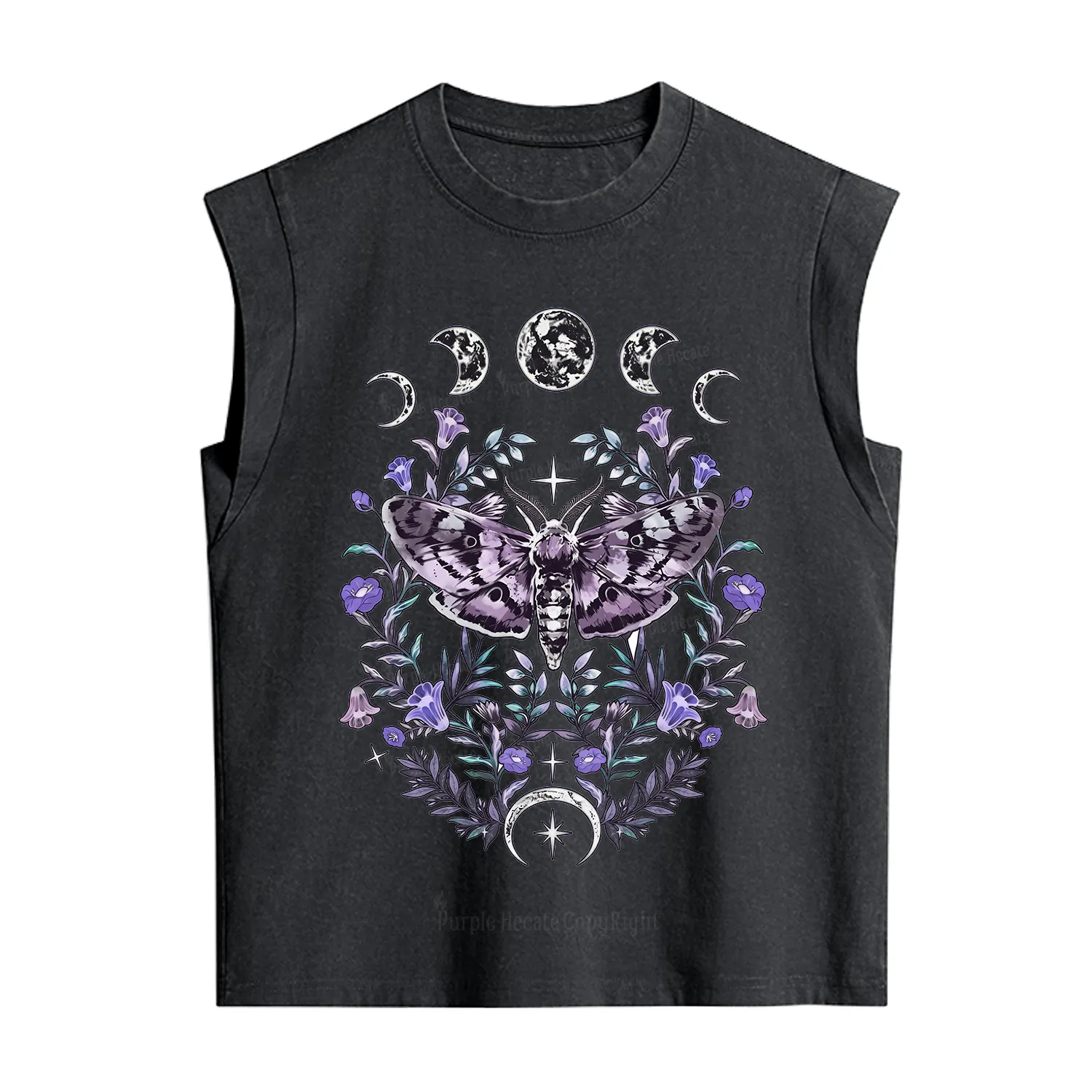 Purplehecate Gothic Mysterious Moth with Moon Vintage Washed Tank