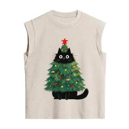 Purplehecate Black Cat Christmas Tree Vintage Washed Tank